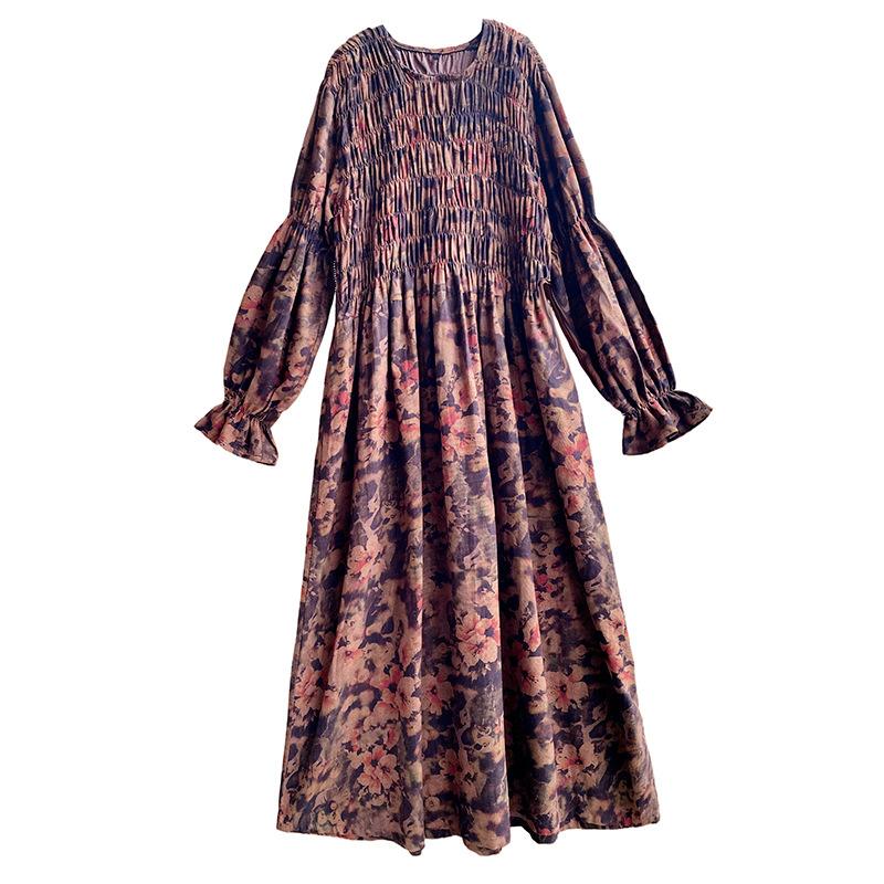 Johnature Женское осеннее платье с длинными рукавами и принтом, свободное платье в стиле ретро с круглым вырезом и рукавами-фонариками