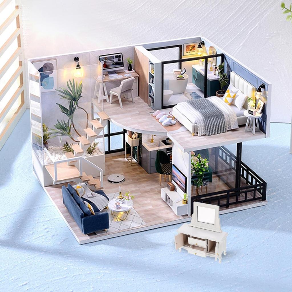 STOBOK Кукольный домик Туалетный столик Миниатюрная мебель Мини-комод с зеркалом Игрушка Ролевая игра Изысканный дизайн Коллекция мебели Дисплей Миниатюра