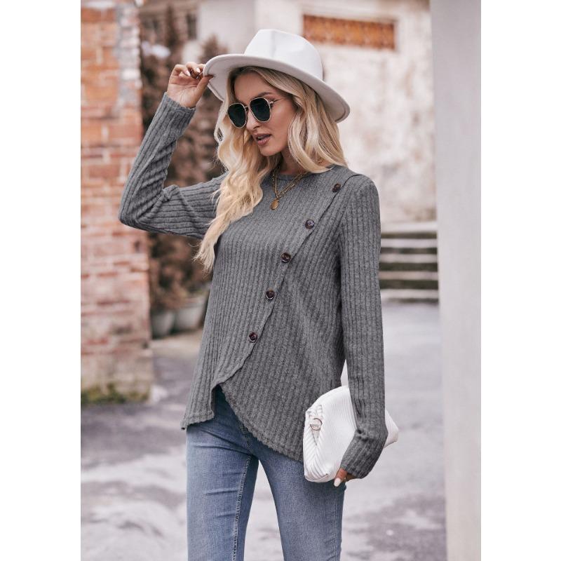 YYFS Женские модные повседневные весенне-осенние однотонные блузки и рубашки с круглым вырезом с длинными рукавами и принтом