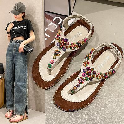 Роскошные женские сандалии 2024 года, новые летние бохо-сандалии на плоской подошве, женские высококачественные повседневные пляжные туфли с бусинами для отдыха