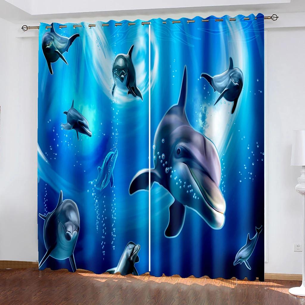 Undersea World Series Deluxe Living Room Bedroom Decoration Sunshade Curtains 2 Pieces of Hook Piercing