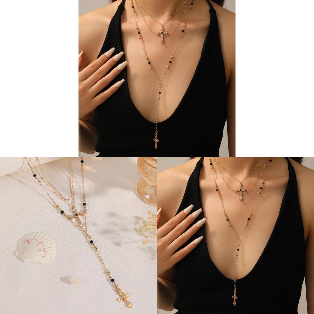 Cross Necklace Multilayer Geometric Pendant With Rhinestones For Women