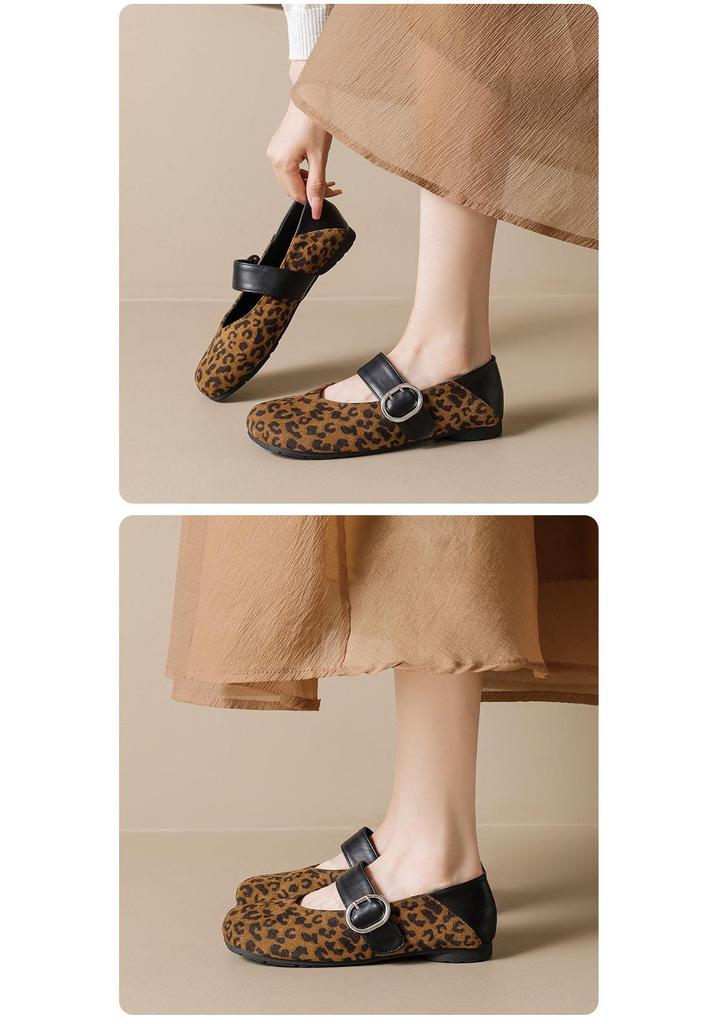 French Square Toe Leopard Print Mary Jane Flats for Women - 2026 Spring/Autumn Collection with Velvet Lining