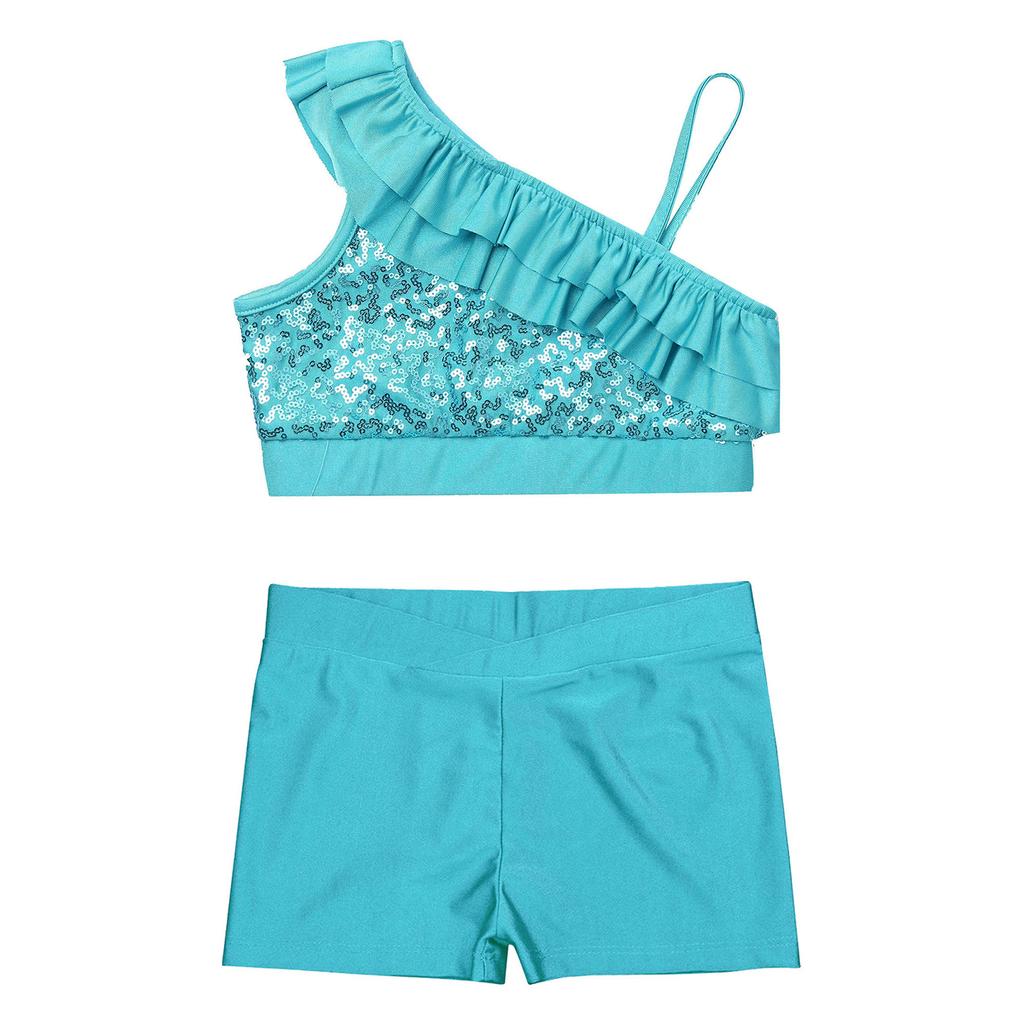 Девочки Комплект из блестящего укороченного топа и шорт Асимметричные бретели-воланы Дизайн V-образный вырез Пояс на талии Шорты Соревнование по танцам