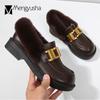 Plus Size 43 Winter Rabbit Fur Flats Woman Metal Buckle Small Leather Shoes for Women Derbies Thick Heels Big Toe Plush Loafers
