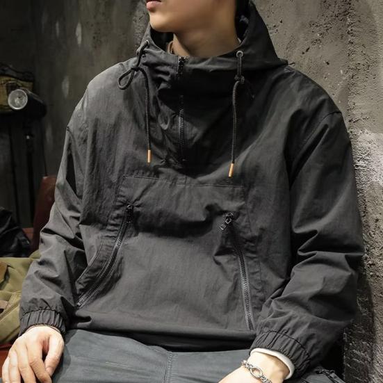 Мужской плащ однотонный длинный рукав полумолния капюшон куртка с карманами на молнии свободный крой тонкая куртка для отдыха
