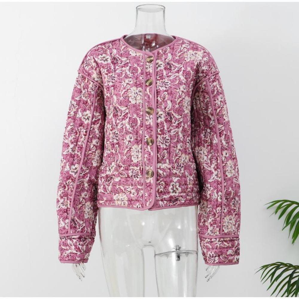 VAYLA Шикарные женские хлопковые куртки с цветочным принтом Элегантные однобортные куртки с воротником-стойкой Повседневные пальто Осень Зима Женская стеганая верхняя одежда