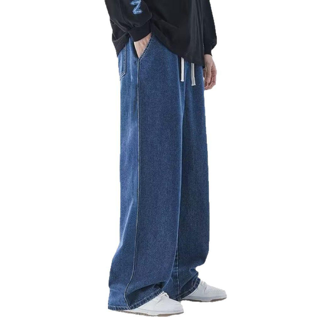 Men's Light-Colored Drawstring Jeans: Elastic Waist, Loose Straight-Leg, Floor-Length, Trendy Wide-Leg, Casual Spring Pants