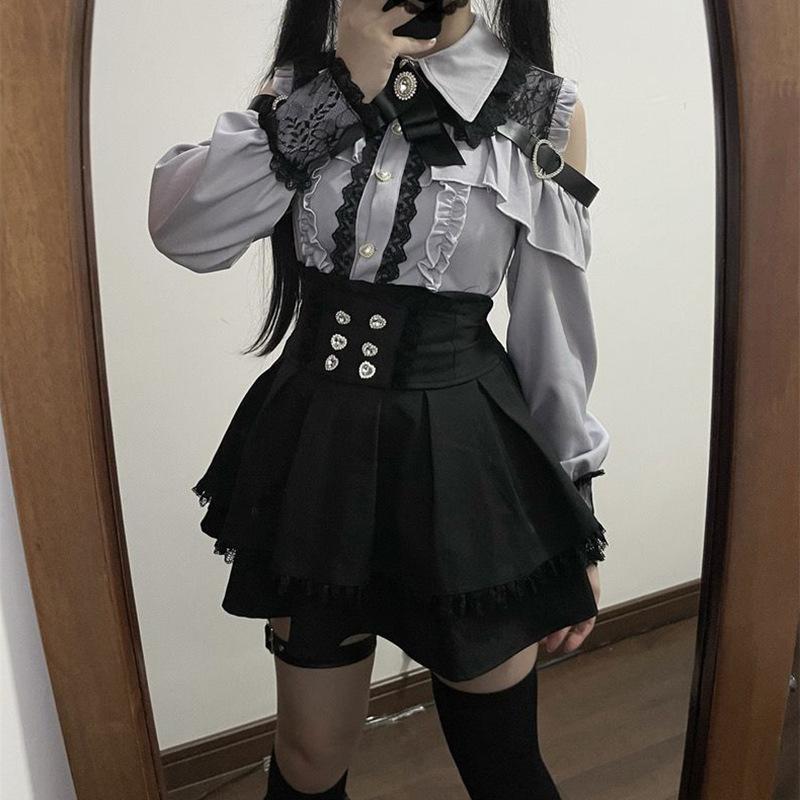 Japanese Black Short Skirt Set Gothic Ruffle Mini Skirts Sexy Lace Off Shoulder Lolita Shirt Gown Y2k Aesthetic Suit