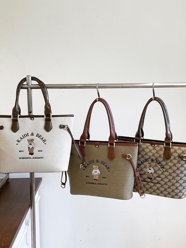 Katie Bear Retro Embroidery Color Block Large Capacity Shoulder Tote Bag 2025