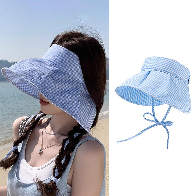 Летняя клетчатая шляпа от солнца, складная, с широкими полями, с пустым верхом, пляжная шляпа, дышащая, с защитой от ультрафиолета, для женщин, солнцезащитный козырек