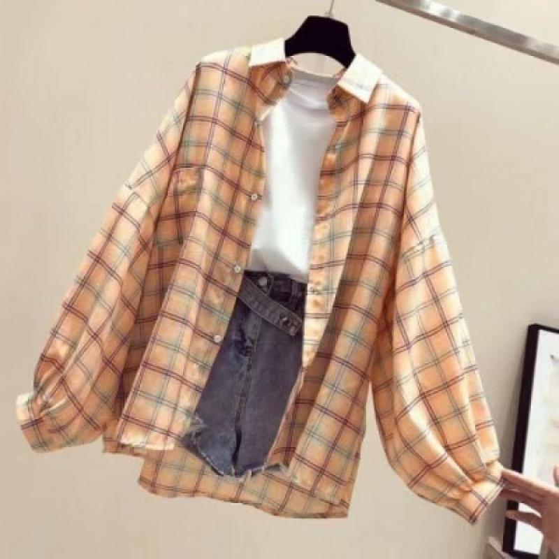 Весна Лето Женская Винтажная Длинный Рукав Свободная Клетчатая Блузка Топы Женские Шифоновые Повседневные Рубашки Солнцезащитные Рубашки