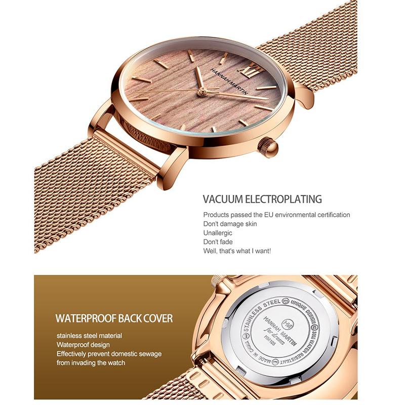 Hannah Martin Wood Grain Walnut Japan Quartz Movement Ladies Watches Luxury Brand Mesh Band Waterproof Women Wrist Watches