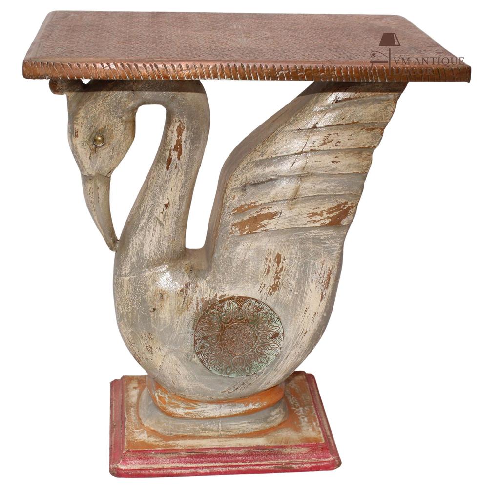 Handicrafted Swan Design Wooden Side Table | Carved Bird Accent Table with Textured Top | Artisan Furniture Piece, Coffee Table Art Decor