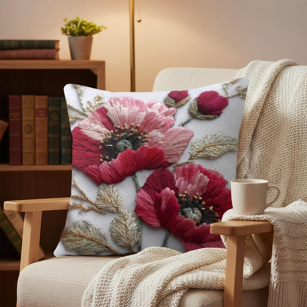 Poppy Faux Embroidery Pillow Cover 2D Floral Print Vintage Botanical Cushion Case For Sofa Bed Couch Boho French Home Decor