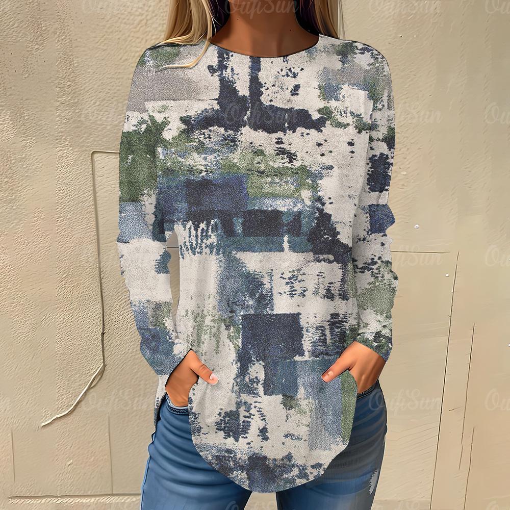 Irregular Color Blocks Pattern Print Women's T-shirts Autumn Casual Cotton Long Sleeves Tees Tops Female Clothing Streetwear