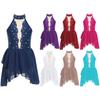 Kids Girls Rhinestone Lyrical Dance Costume Sheer Mesh Patchwork Sleeveless Irregular Hem Dress Dancewear