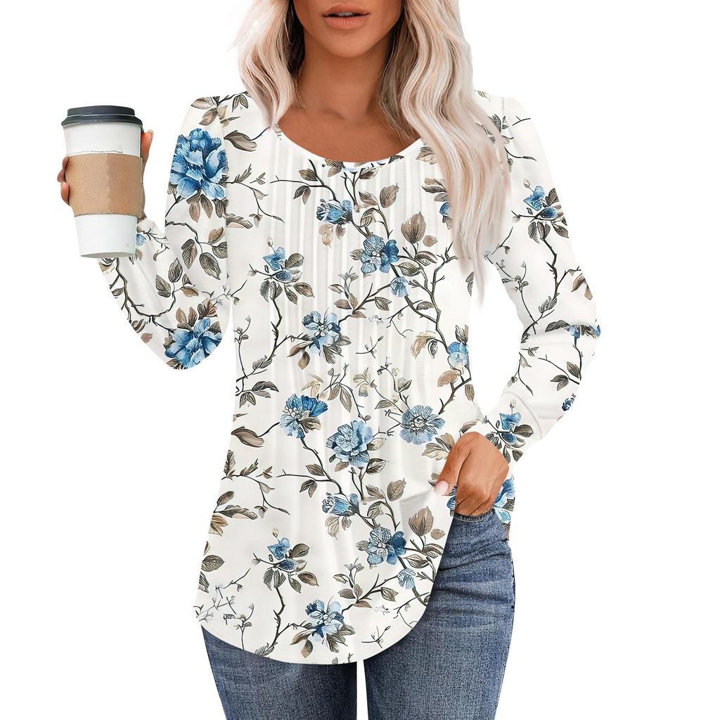 Long Sleeve Shirts For Women Tops Dressy Casual Blouses Pleated Scooped Neck Tunic Tops