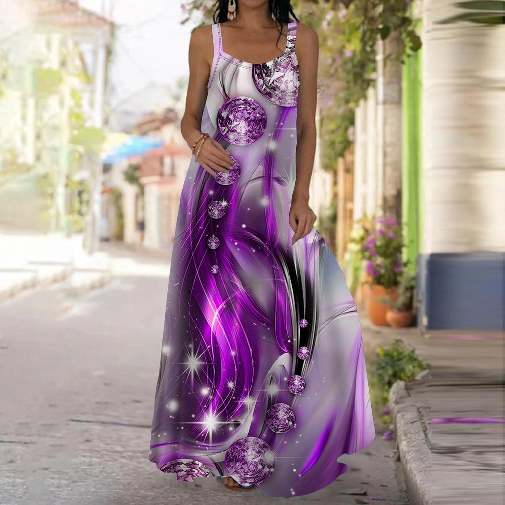 Women's Slip Dress Maxi Long Dress Sapphire Print Dress Spring & Summer V Neck Leisure Vacation