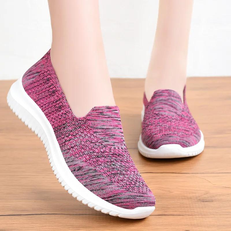 Women Casual Shoes Light Sneakers Breathable Mesh Summer Knitted Vulcanized Shoes Outdoor Slip-On Sock Shoes Plus Size Tennis