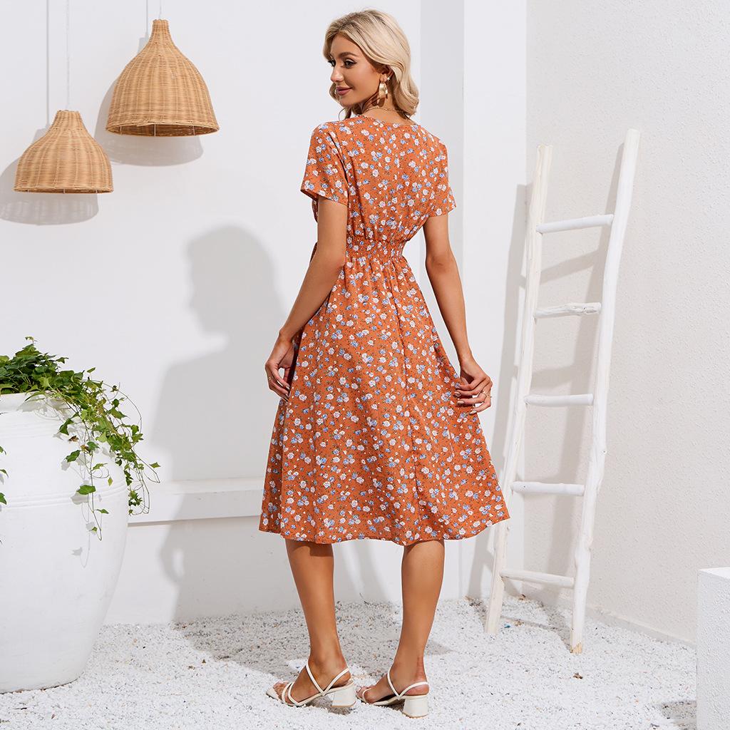 Женская мода лето весна цветочный узор принт с коротким рукавом V-образным вырезом с высокой талией повседневные платья