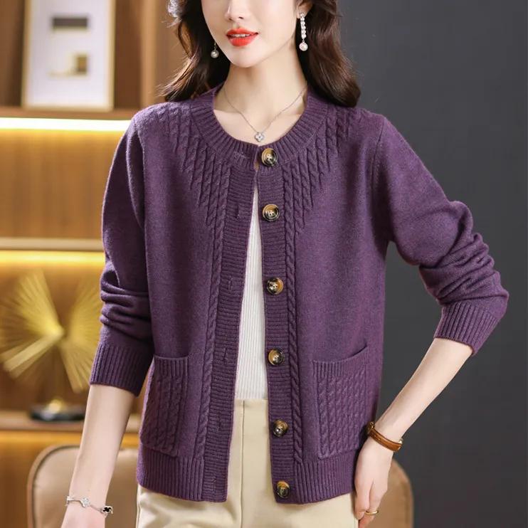 Женский осенний элегантный кардиган с круглым вырезом, однотонный, мягкий вязаный жакет