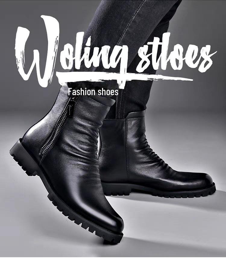 Мужские зимние высокие ботинки Martin - мягкая воловья кожа, удобные, модная молния, подкладка из шерстяного бархата