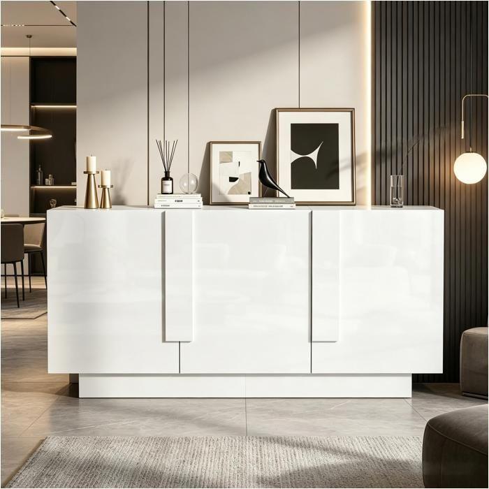 Buffet salon blanc brillant 160 x 35 x 60 cm 3 portes 6 compartiments étagères réglables grand rangement commode moderne chic déco!
