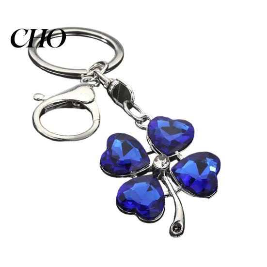 Blue Rhinestone Keychain Pendant Sparkling Rhinestones Four-Leaf Clover Design Key Chain with Lobster Clasp Easy to Hang Holder Backpack Car Accessory