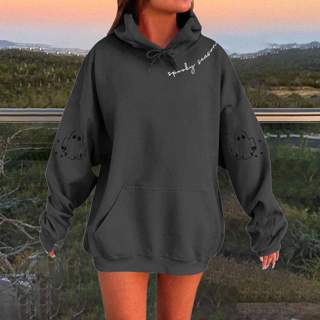 Женский однотонный пуловер с длинным рукавом, капюшоном и повседневным принтом на Хэллоуин