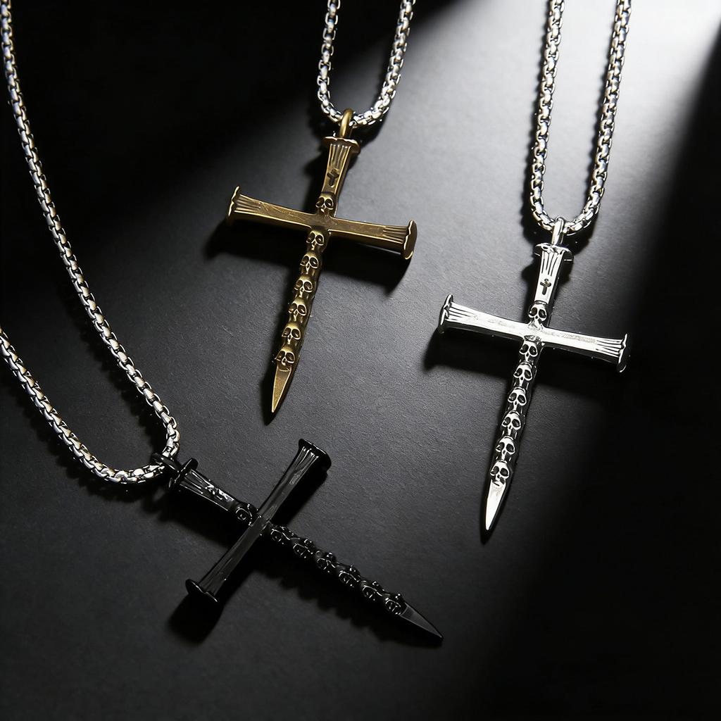 Hip-hop Mini Skull Cross Stainless Steel Necklace for Men, Personalized Dominant Long Sweater Chain Accessory