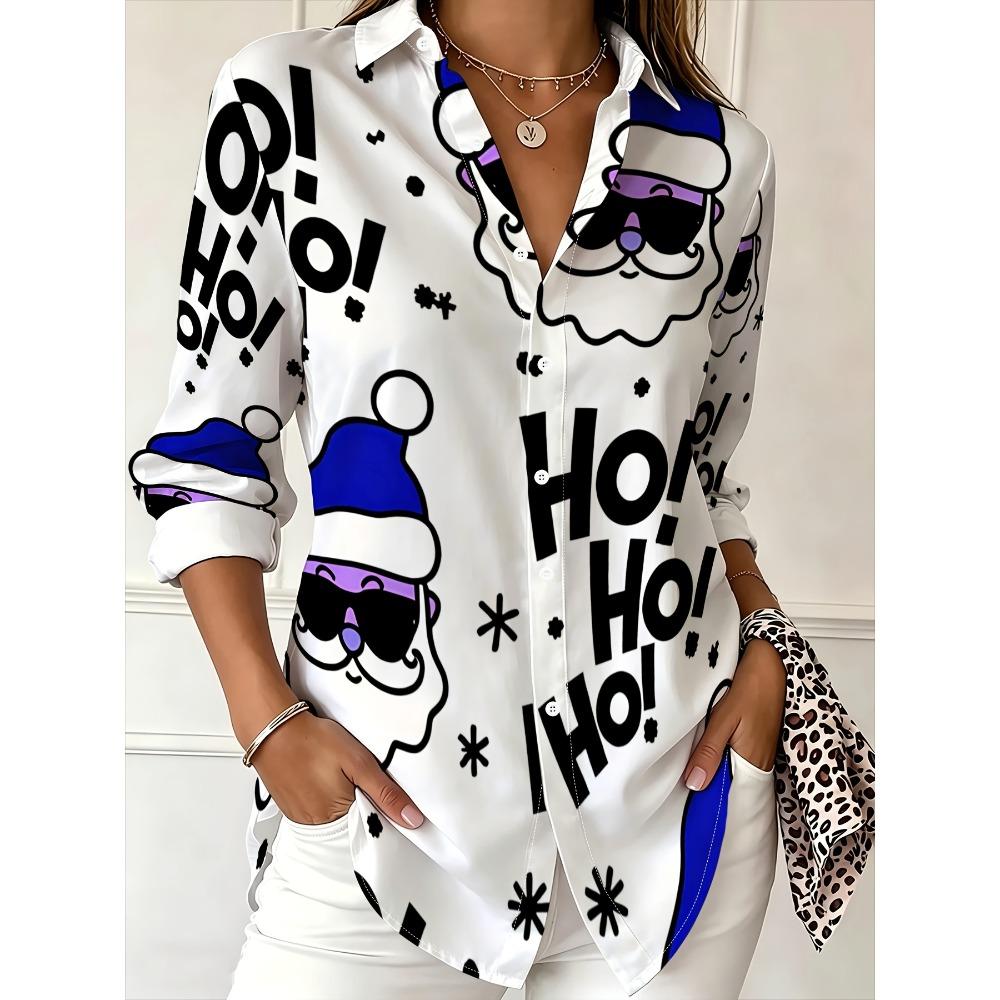 Women's long-sleeved shirt, trendy Santa Claus pattern, versatile commuting daily wear