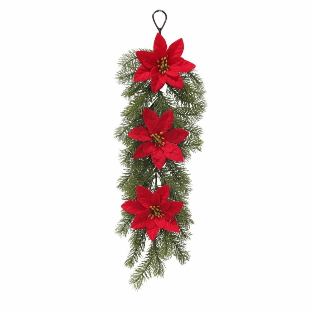 Faux Flower Artificial Pine Branch Hanging Poinsettia Flower Hanging Ornament Home Party