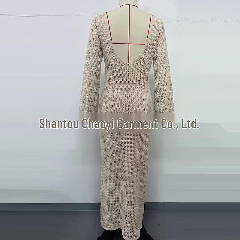 European-American V-Neck Hollow Texture Long-Sleeve Beach Dress