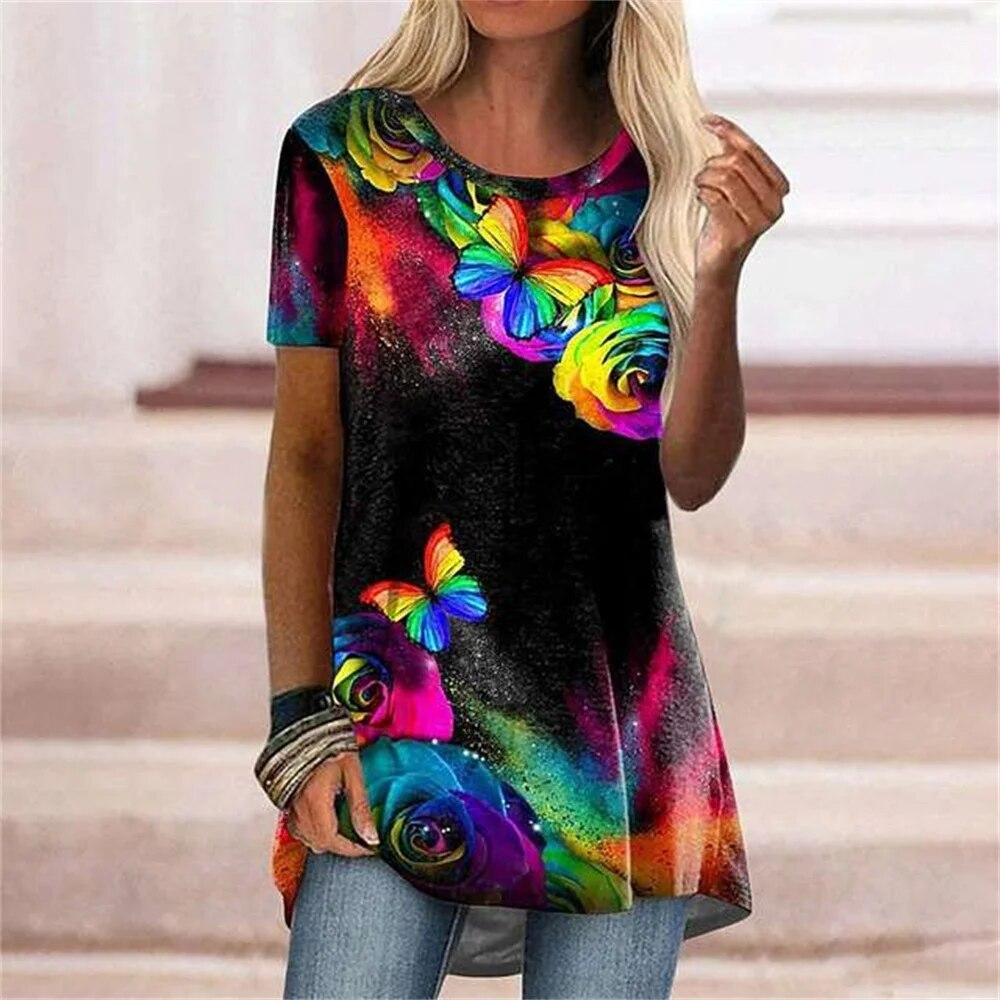 New Summer Casual Women Tshirt Loose Flower Digital 3D Printing Short Sleeve O-neck Pullovers Top Fashion Daily Street Tees