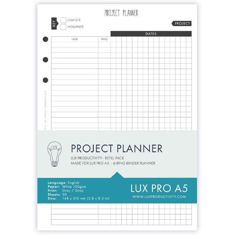 LUX PRO A5: Binder Dividers – LUX Productivity Refill Pack - Planner Page erts - Compatible with the LUX PRO A5 6-Ring Binder Organizer
