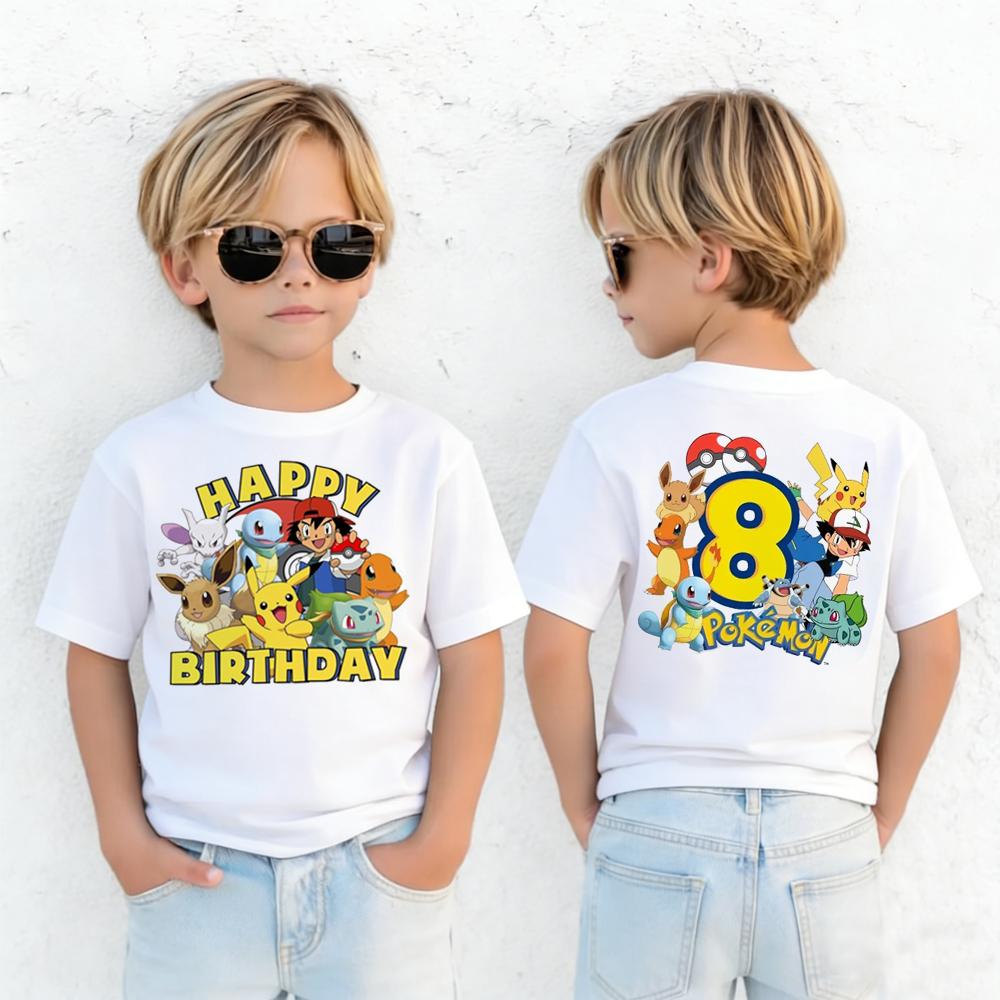 Cute Pikachu Pokémon Birthday Printed Tshirt Unisex Kids 214 Years Old Summer Y2K Harajuku Loose Casual Short Sleeve Top
