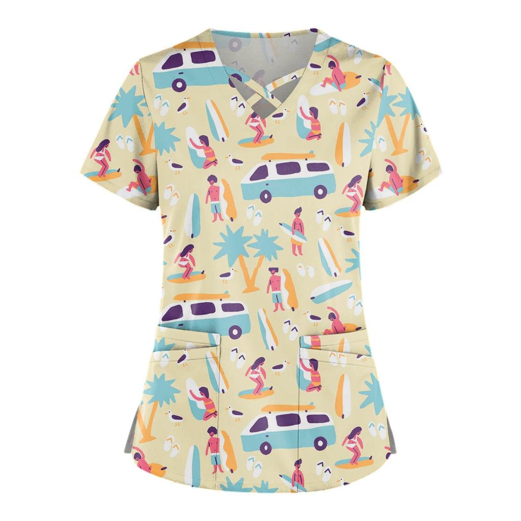 Plus Size Cute Printed Scrub Working Uniform Tops For Women Cross V-Neck Short Sleeve Fun T-Shirts Workwear Tee with Double Pockets