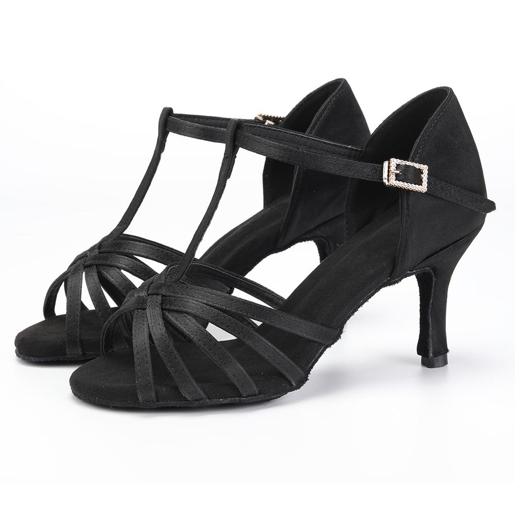 Women Latin Dance Shoe Satin Sandal Ladies Latin Dancing Shoes 8.5cm Heel High Heel Soft Sole T Bar Indoor