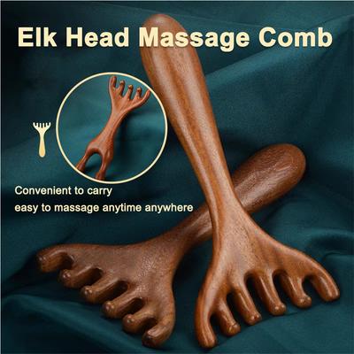 Массажная расческа для тела и меридианов. Сандаловое дерево. Оленьи рога. Широкие зубья. Акупунктура. Помощь в циркуляции крови. Антистатические гладкие волосы.