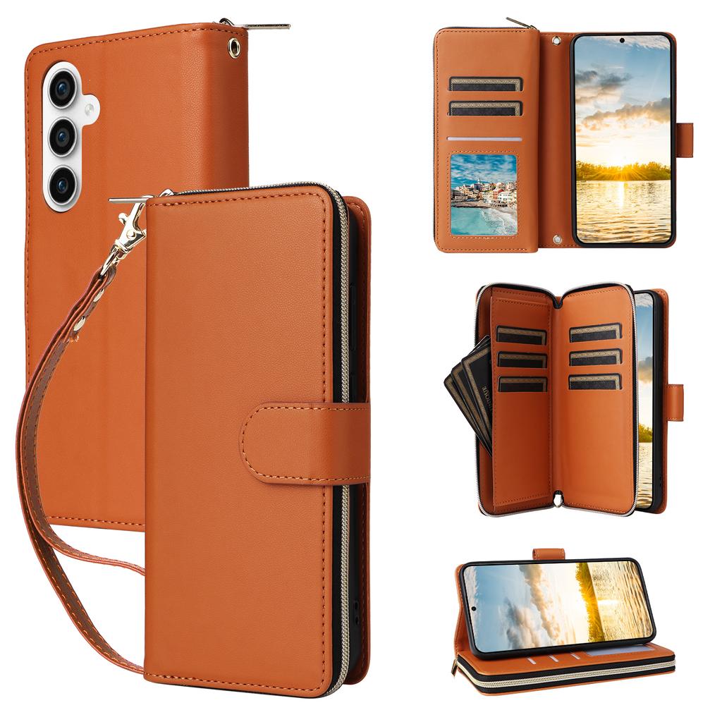 For Samsung Galaxy S25 FE Case 9 Card Slots Zipper Pocket PU Leather Phone Cover with Wrist Strap