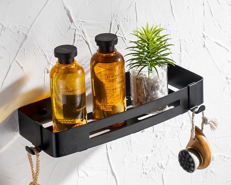 Modern Black Stainless Steel Bathroom Corner Shower Rack Wall-Mount Adhesive Black Bathroom Organizer Rack