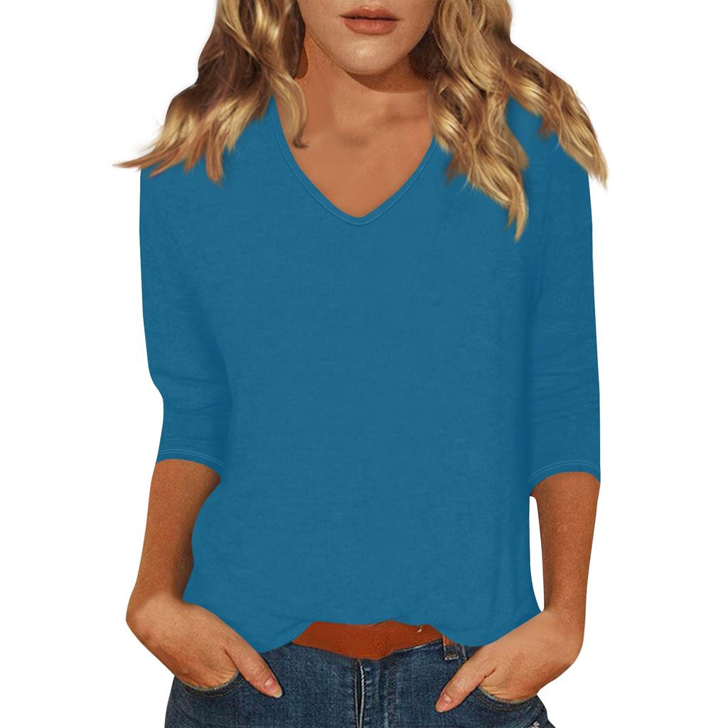 Женская мода на каждый день Повседневная футболка с v-образным вырезом и семиточечным рукавом с принтом Топ