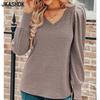 JKASHDK Women's Fashion Casual Spring Autumn Solid Color Print Long Sleeve V-Neck Blouses & Shirts