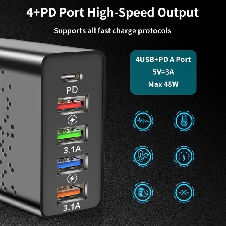 Зарядная станция на 5 портов с технологией быстрой зарядки PD48W, 4 USB 3.1 интерфейса, компактный дизайн для путешествий