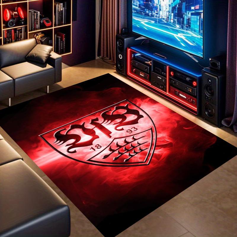 VfB Stuttgart Club Crest Red Smoke Effect Print Area Rug Non‑Slip Rectangular Floor Mat Football Fan Gaming Bedroom Living Home Decor Rug
