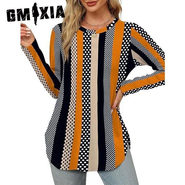 GMXIA Autumn Women's Solid Color Long Sleeve Top Round Neck Loose Casual Base Shirt