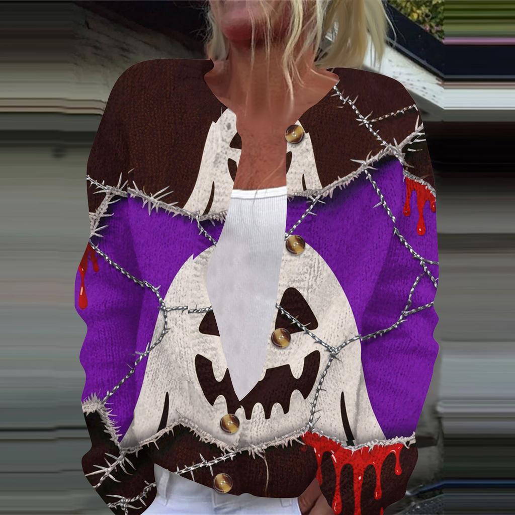 Women's Fashion Printed Long Sleeve Knitted Cardigan Button Down Jacket