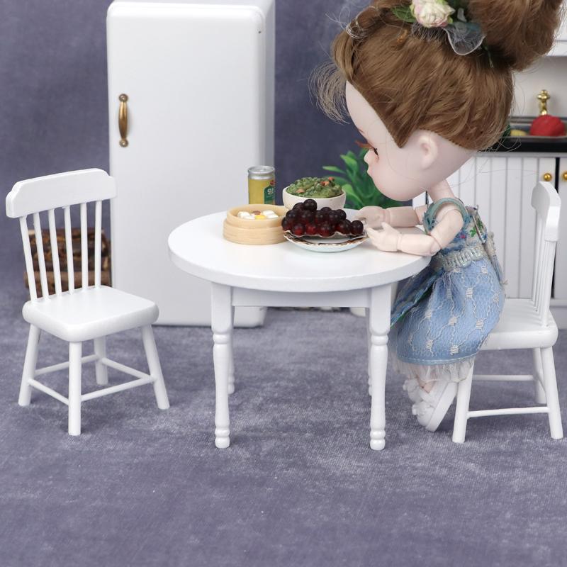 1:12 Wooden DOLLHOUSE Miniature Furniture Kitchen 3-piece Set White Mini Round Table and Chair Small Dining Chair