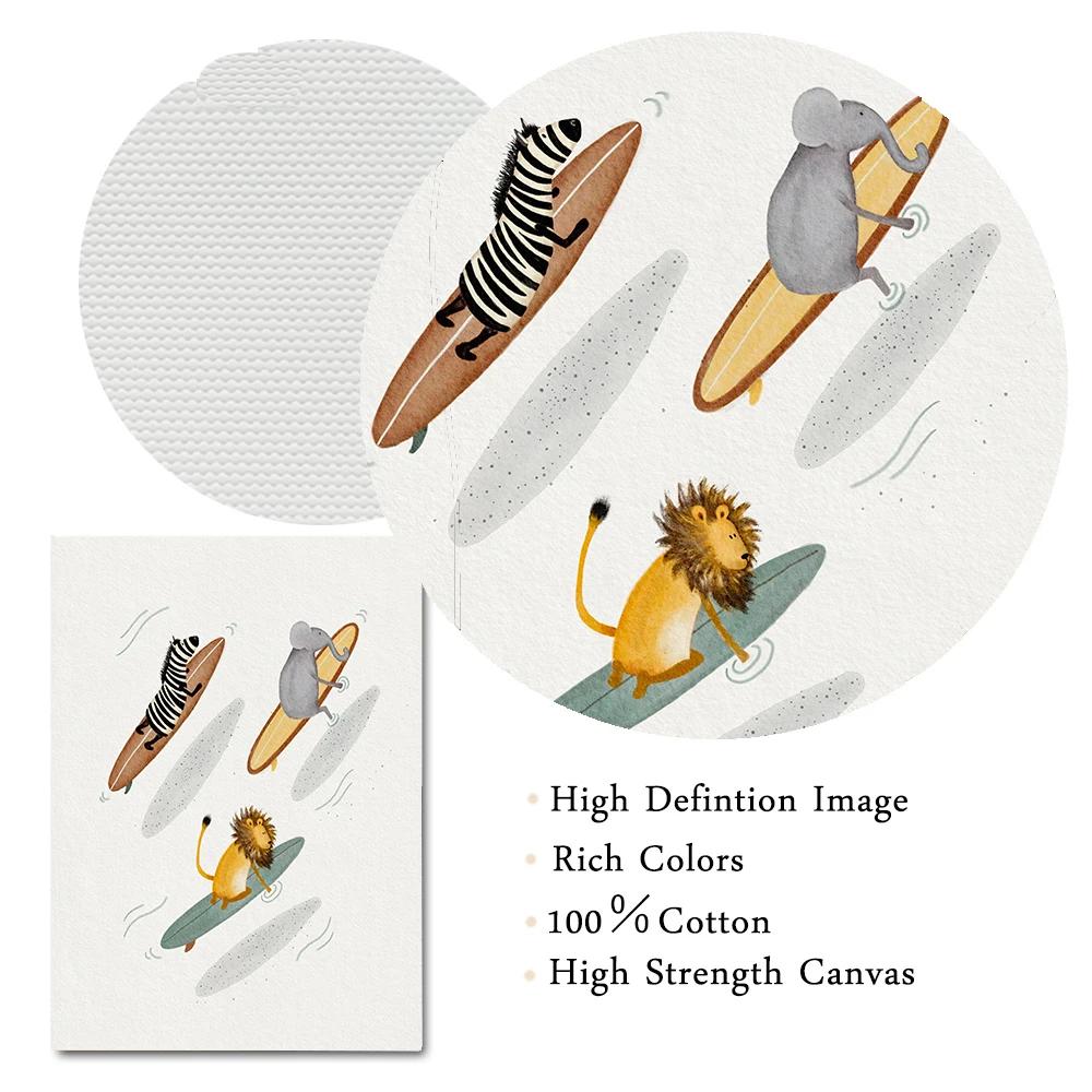 Галерея для девочек Детская Картина Кит Пляж Серфинг Печать на холсте Серфинг Животные Тигр Слон Зебра Настенное искусство Плакат Картины Декор